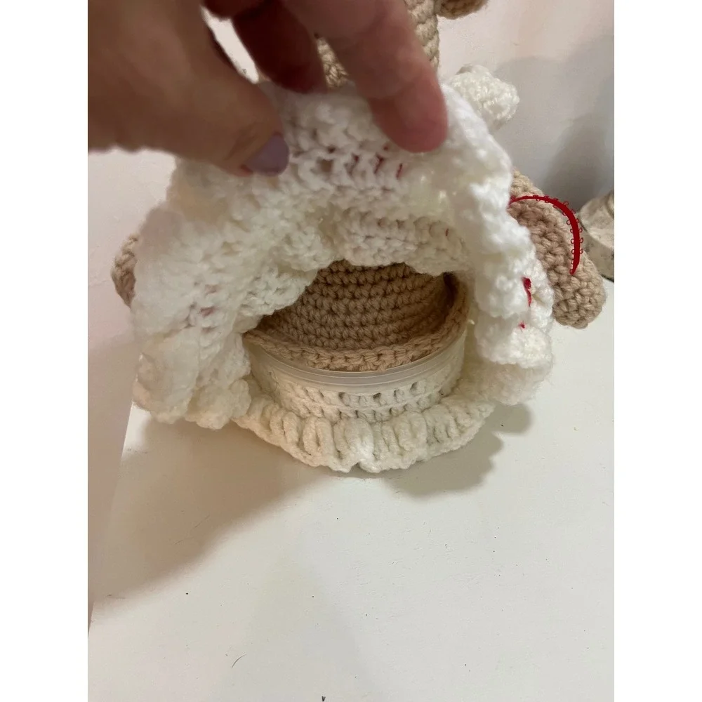 Handmade Crochet Teddy Bear‎ Plush Tan White Red Dress Small Excellent Amigurumi